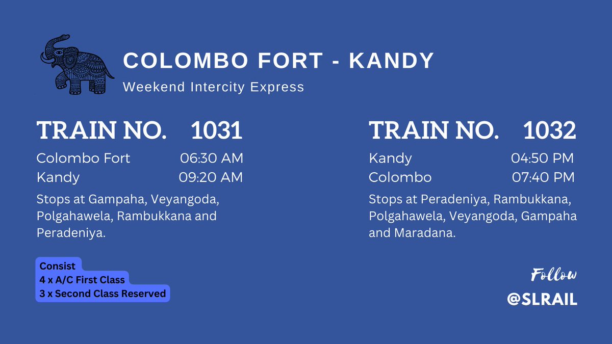 The #Colombo Fort - #Kandy Weekend Intercity Express train which is currently out of service will be back in service from 8th October on every weekend and public holidays.