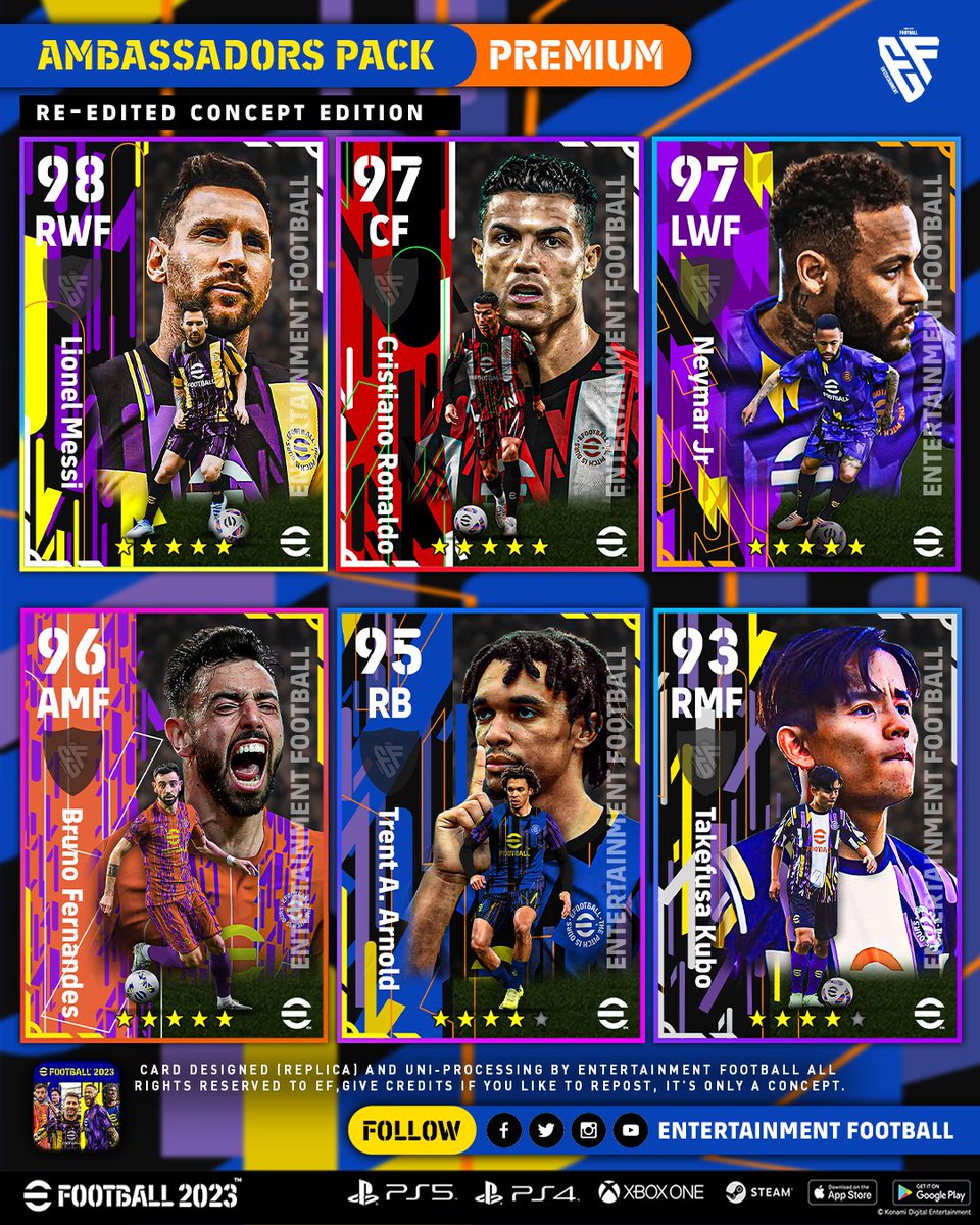 ➡️Re-edited Ambassadors Concept Edition 

🔰Changed The Ratings. 
🔰Changed Arnold's Uniform color and card design.
🔰Changed Messi's Card design. 
🔰Added Ronaldo to the Ambassadors List.

For the previous Designs take a peek at <a href="/ENTERMTFB/">Ef.dzn</a> 👀👀

#eFootball2023 #efootball