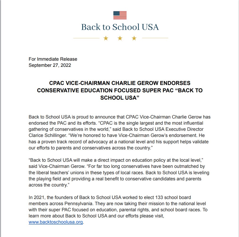 Did you hear the news? CPAC VICE-CHAIRMAN CHARLIE GEROW HAS ENDORSED BACK TO SCHOOL USA!!
Join the movement today and help us take our mission across the country! secure.winred.com/back-to-school…