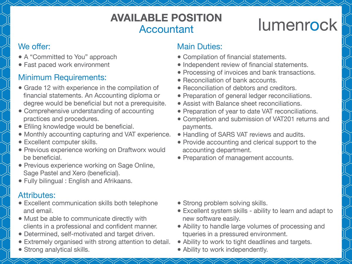 origingroup_'s tweet photo. An Opportunity exists within the Lumenrock Company in George.
We are looking for an accountant to provide support for our accounting department.
Please email your CV to careers@originfin.com
Closing date 8 October 2022.
#commitedtoyou #origingroupofcompanies #business https://t.co/zNMjspgO4l