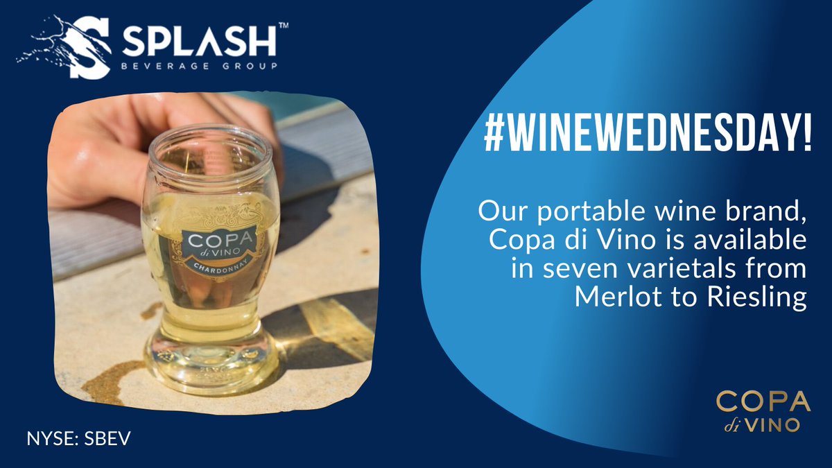 SplashBev's tweet photo. What are you sipping on this #WineWednesday? Our portable wine brand #CopadiVino is available in seven varietals from Merlot to Reisling 🍷 ! You can try them all: https://t.co/5137hD70UR $SBEV #Winetime #WINENOT https://t.co/0s6qVffbqS