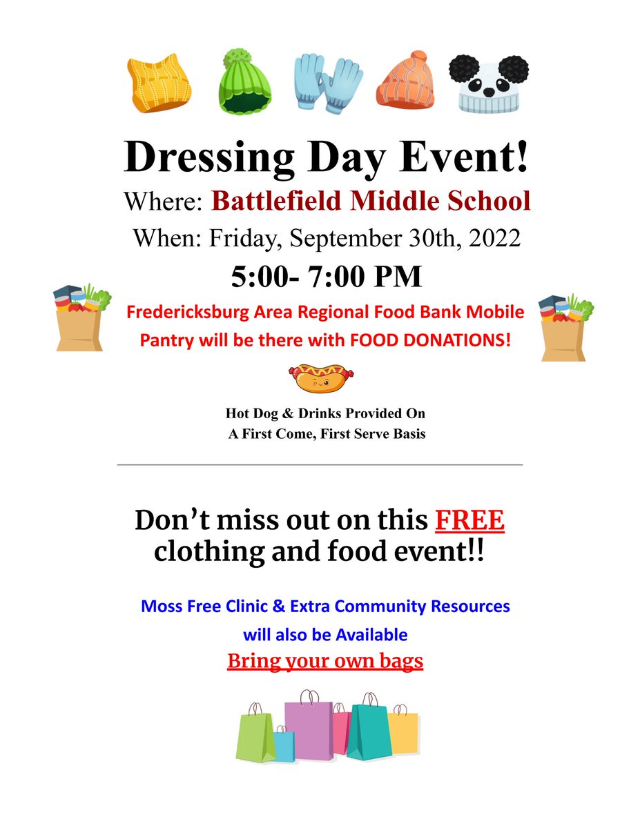 SCSPRC's tweet photo. Don't miss the FREE Dressing Day Event at Battlefield Middle School this Friday, September 30, from 5-7pm!  FREE clothes, FREE food, while supplies last! Don't forget to bring your own bags! https://t.co/AMWRm3ah9t