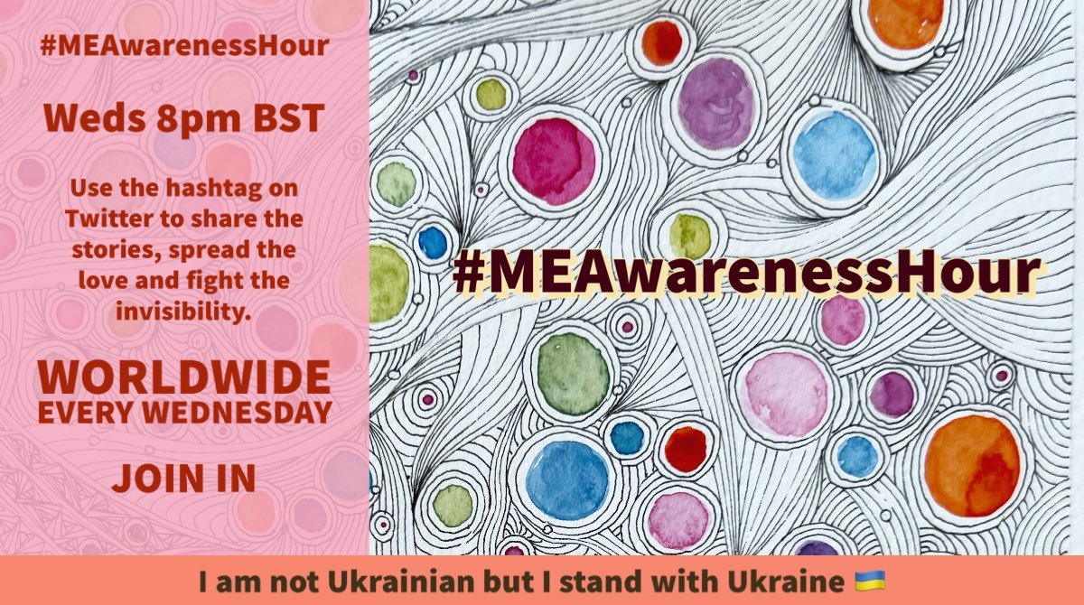 Oshunsprite's tweet photo. Join us tonight for the 1-hour chat for 
#MEAwarenessHour
Every Wednesday/Mercredi/Woensdag/Mittwoch

20:00  BST
21:00  CEST or
21:00  MEZ
To talk all things #MyalgicEncephalomyelitis 

#IsolatedButNotAlone #LongHaulers
#pwME 

Poster: @AertbyLisa 💗🙏💙 https://t.co/qKRAUKyu9D