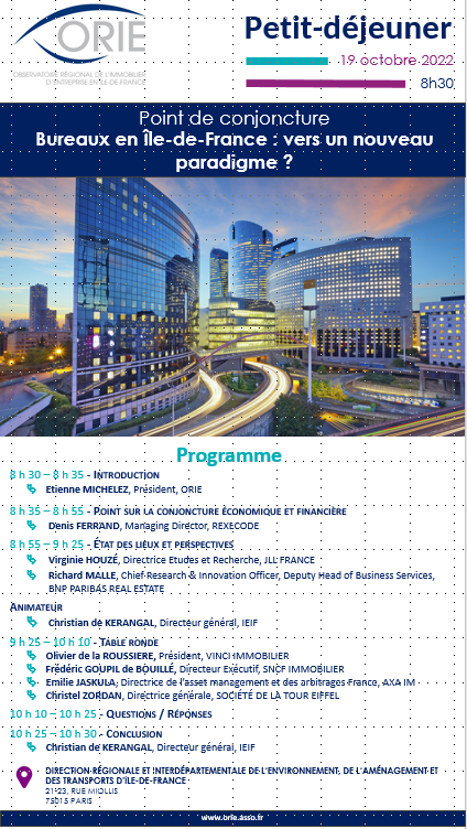 J-21 Point de conjoncture de l'ORIE "Bureaux en Ile-de-France : vers un nouveau paradigme ?" à la DRIEAT, 21 rue Miollis, 75015 Paris
Cet évènement est réservé aux sociétés membres de l’ORIE. Pour plus d’informations, contacter le 01 40 61 86 58.
#Bureau #IDF 
#immobilier
