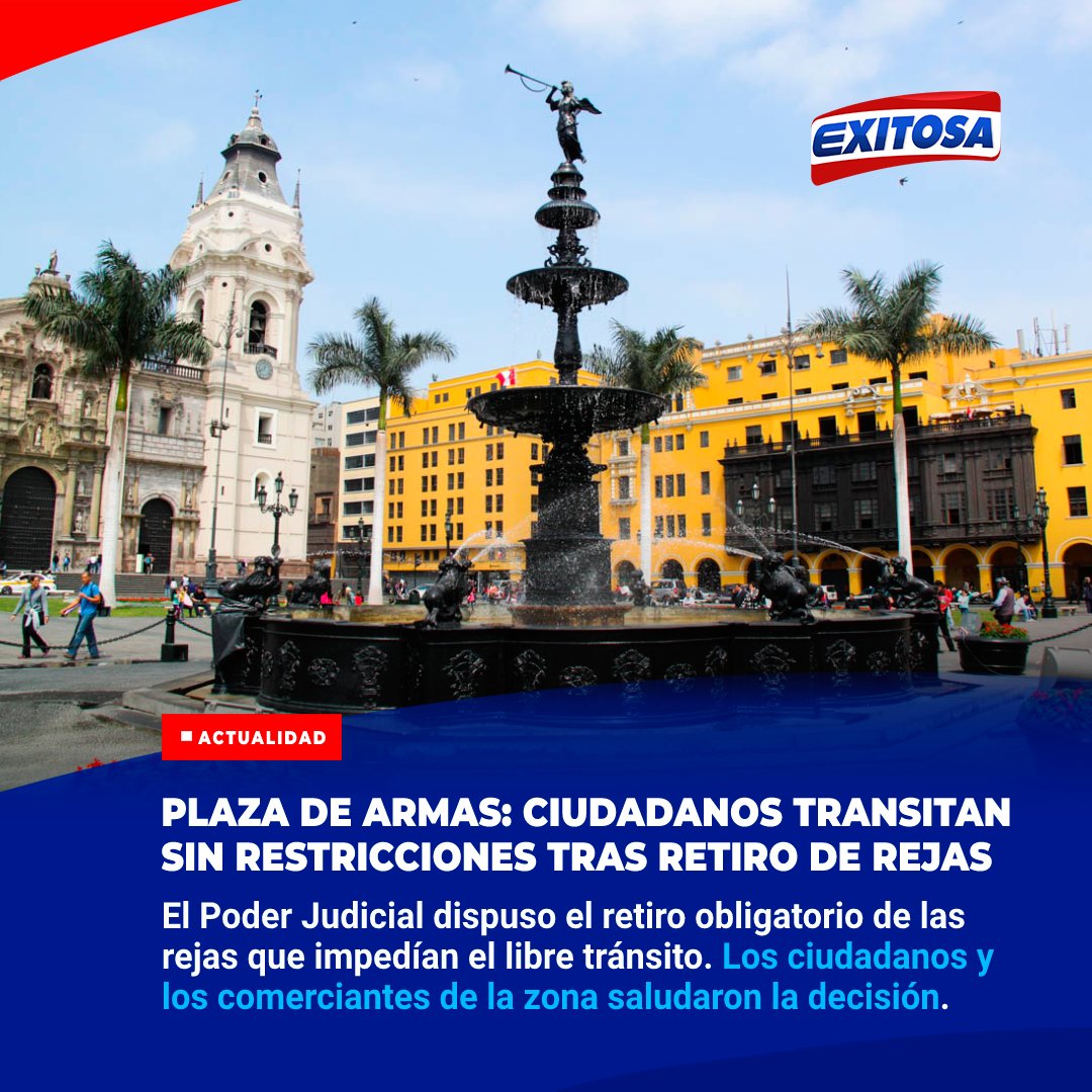exitosape's tweet photo. 🔵🔴 Los ciudadanos ya pueden transitar sin restricciones en los alrededores de la Plaza de Armas de la capital. Esto luego que el Poder Judicial dispusiera el retiro del enrejado que no permitía el acceso a comercios y zonas aledañas a la Plaza Mayor. https://t.co/pXWNkTGjAZ