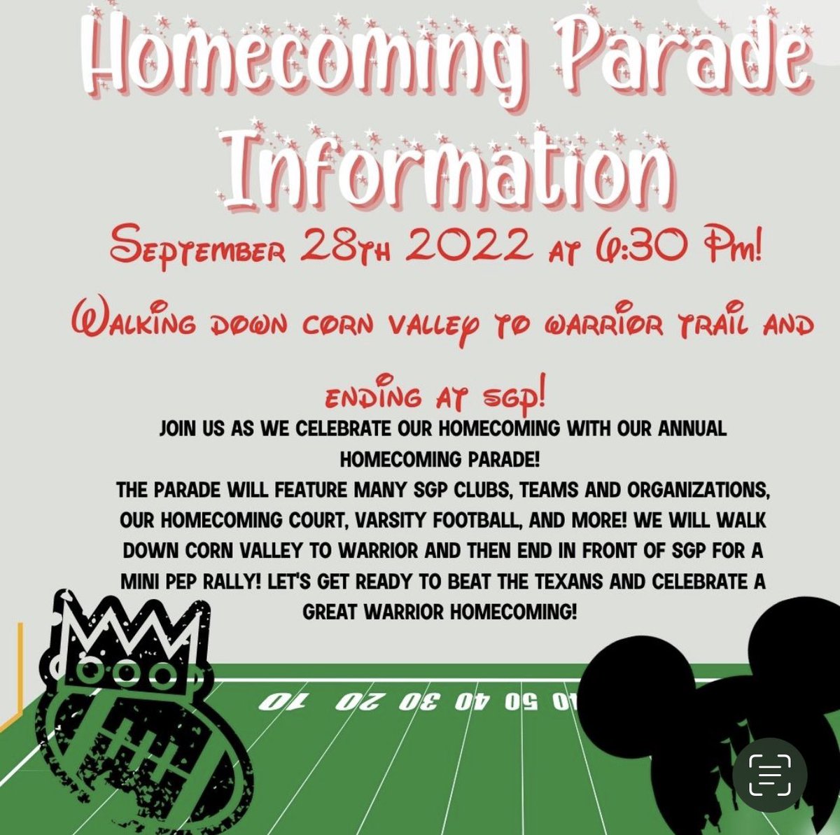 Join us for the Homecoming parade and mini pep rally tonight. The parade will start at 6:30pm and head down Corn Valley from the Nature Center to Warrior Trail. We would love fans to join us along the parade route then come to the parking lot of the school for a minute pep rally.
