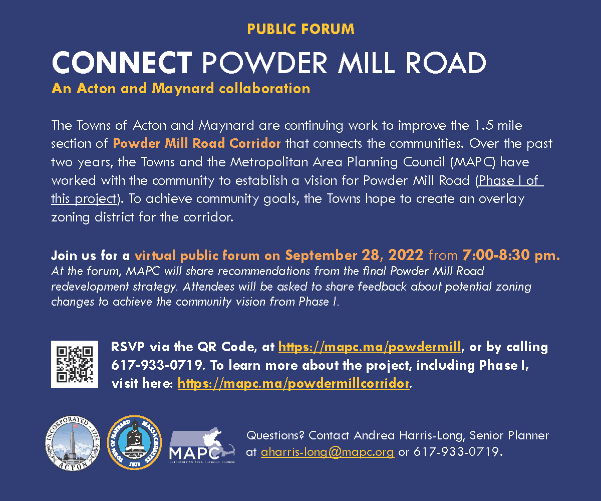 HomeinMetrowest's tweet photo. Acton Powder Mill Corridor Project: VIRTUAL public forum *TONITE* 9/28/22, 7-8:30pm. 
Join the Towns of Acton MA &amp; Maynard 2 create a community-led vision 4 the Powdermill Road corridor! 
RSVP @ https://t.co/3wZ30Zg8QT or call (617) 933-0719
#ActonMA #Maynard #PowdermillRoadActon https://t.co/Dd8eBpiW25