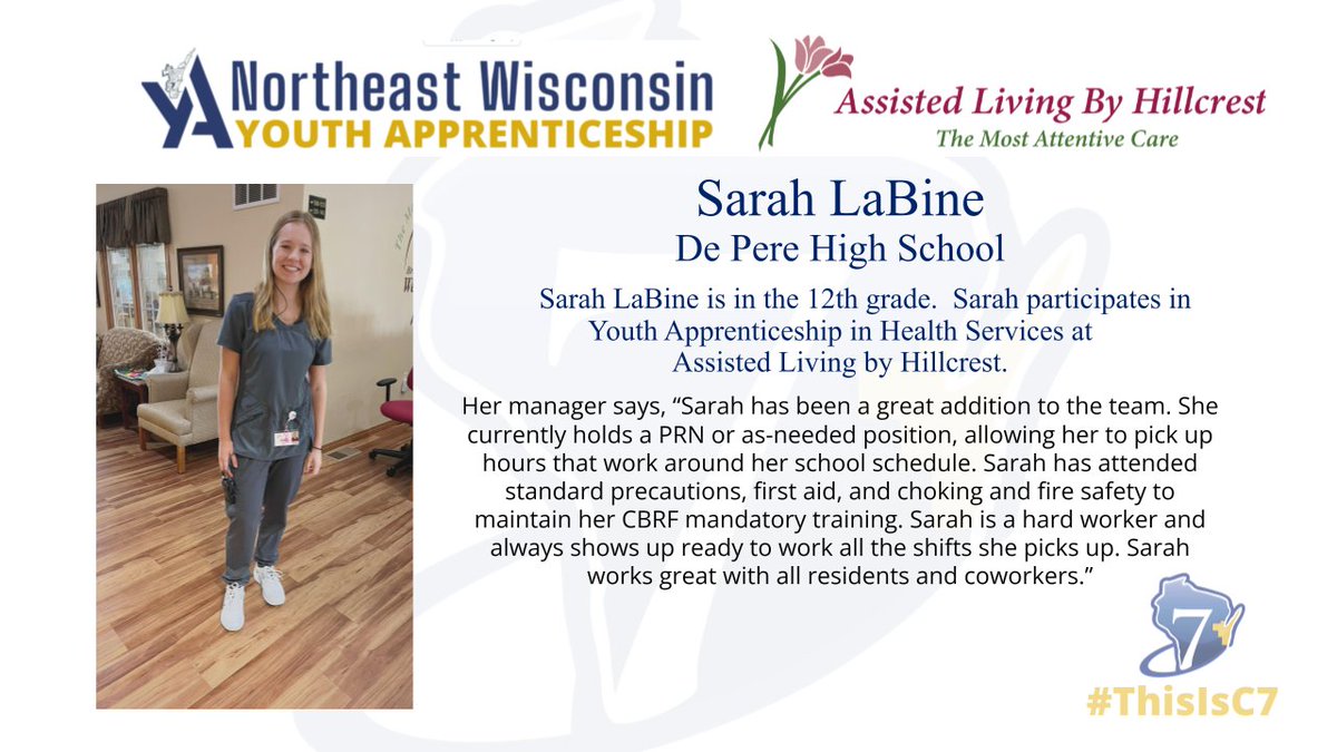 CESA7's tweet photo. 👏A big round of applause for Sarah LaBine, who is in the 12th grade at East DePere High School. 🩺Sarah participates in Youth Apprenticeship in Health Services at Assisted Living By Hillcrest. Great work, Sarah! #ThisIsC7 #YouthApprenticeship #NEWYA @USDD @assisted_by https://t.co/YgCNXXUSdd