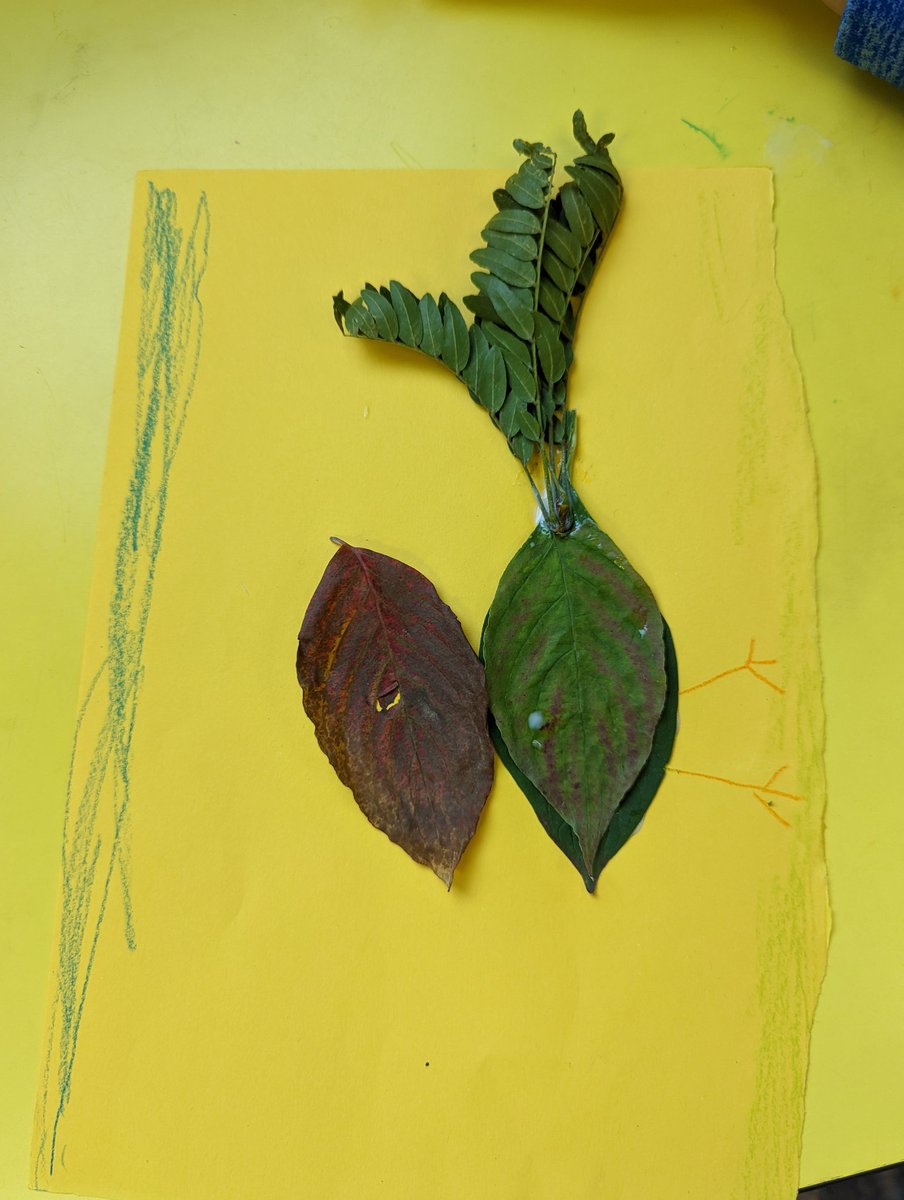 We used our creativity and imagination to turn leaves into something else! Here are some mice and a chicken.