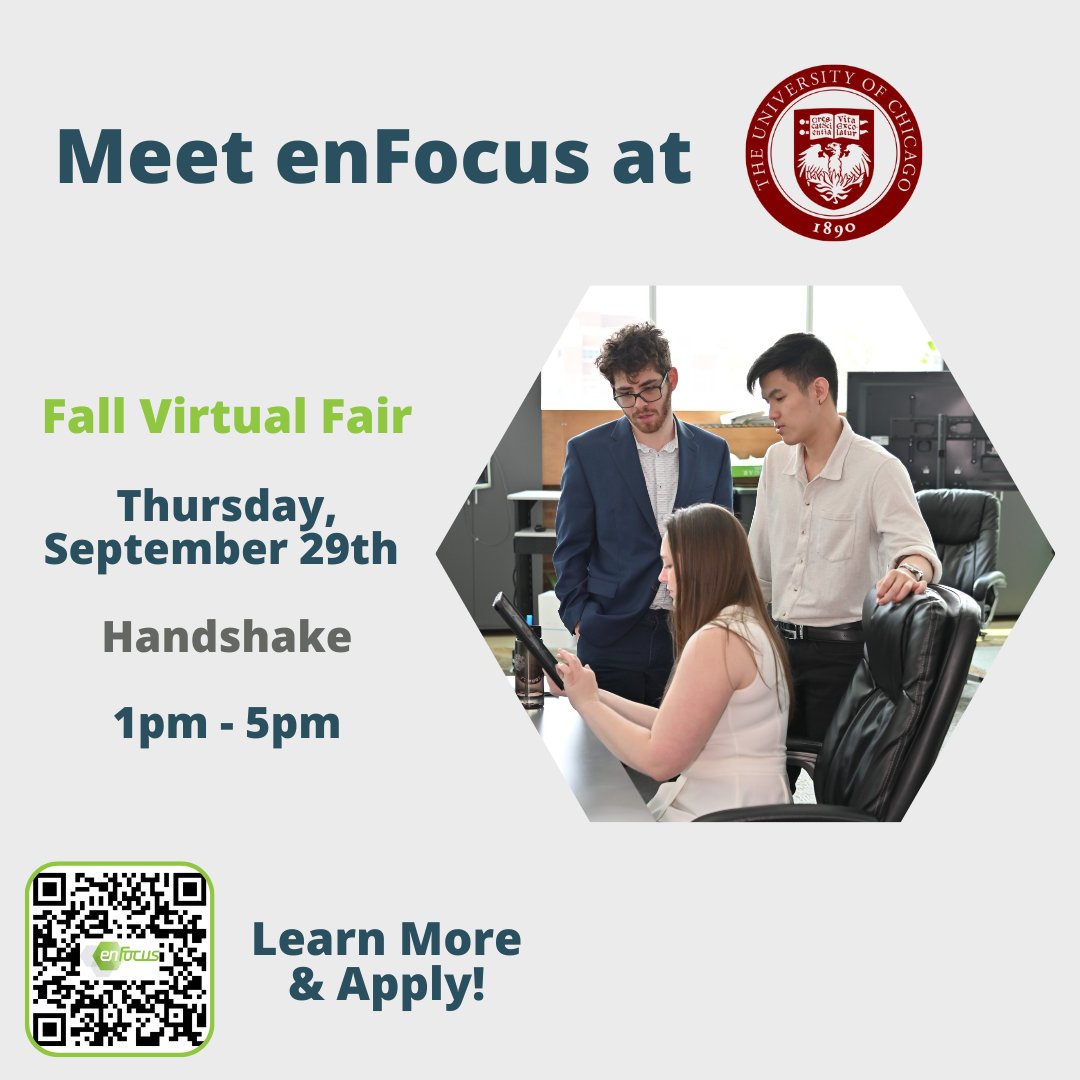 Good morning, University of Chicago students!

enFocus will be participating in UChicago's Virtual Fall Career and Internship Fair tomorrow. We hope you're able to sign up for a session with us!

And, scan the QR code below to apply for our Fellowship or Summer Internship!
