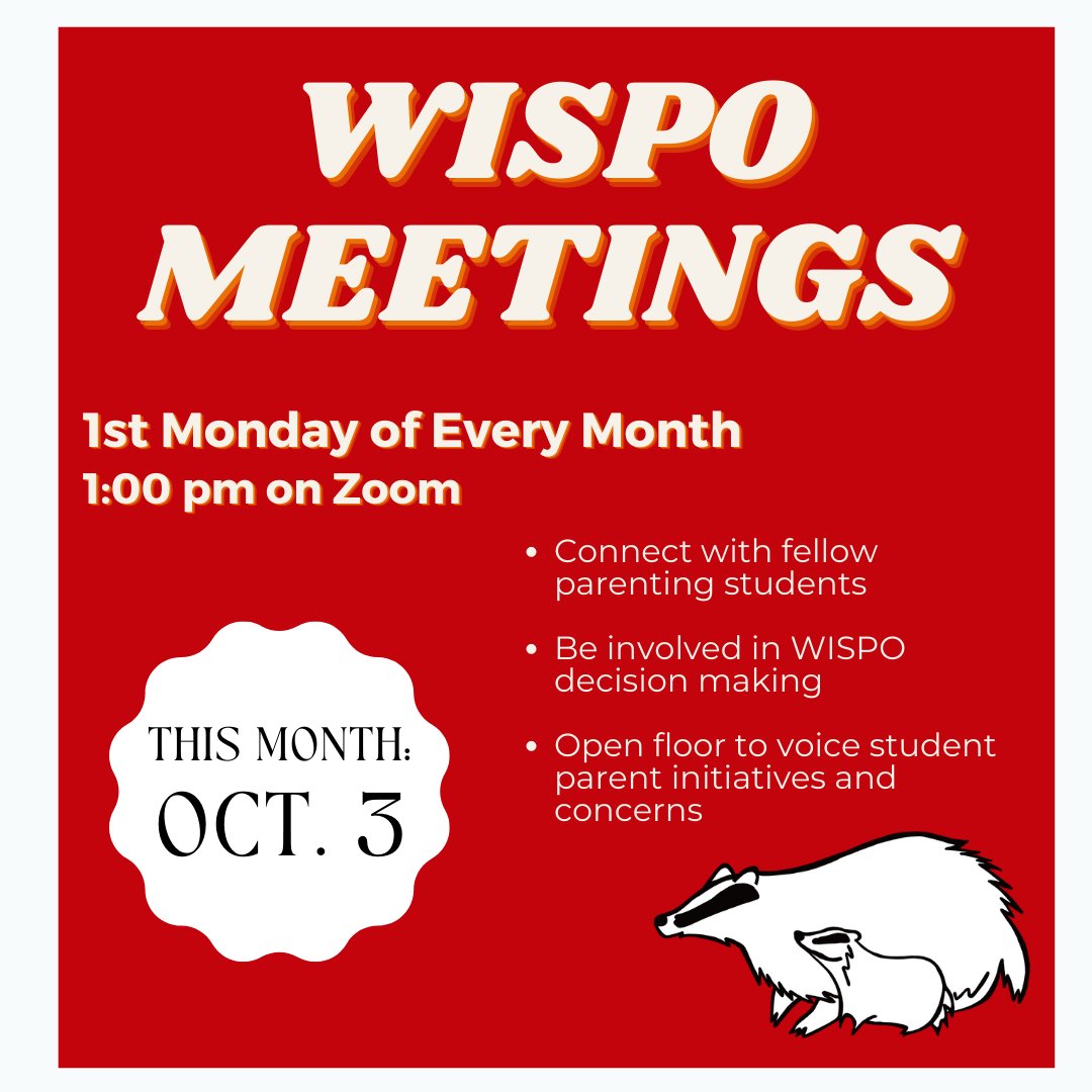 Join fellow UW-Madison student parents at WISPO's monthly meetings! ALL caregiving students are invited to attend our meetings, held virtually on the 1st Monday of the month at 1:00 pm (CT). Email wisporganization@gmail.com for Zoom link and meeting agenda. #UWMadison