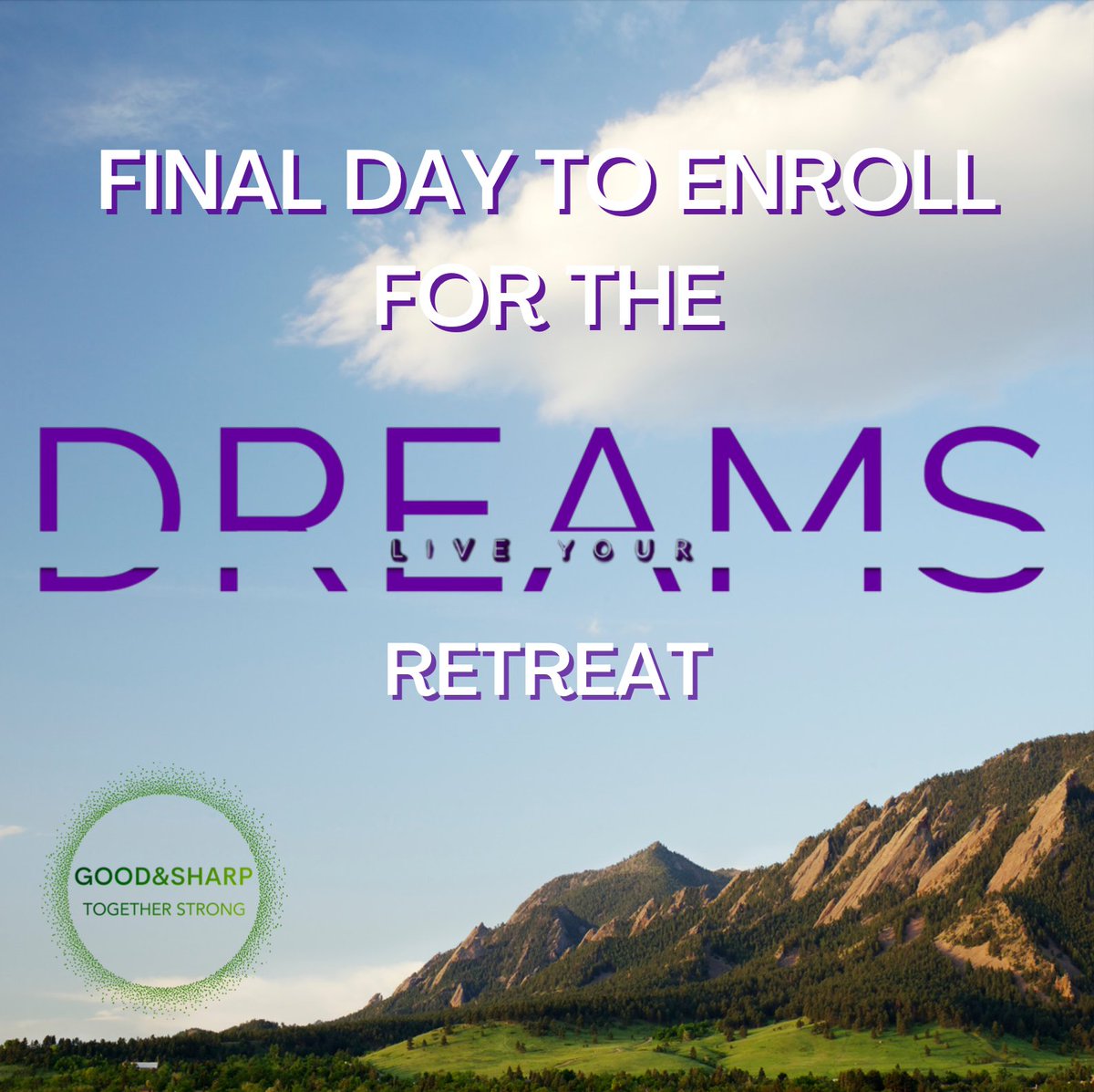 drdavidpsharp's tweet photo. Final Day to enroll in the "Live Your Dreams Retreat" this weekend in Boulder, CO! Come join us!
https://t.co/tjFnSFvQnF

#goodandsharp #powerforlife #jeanninegoodeallen
#davidprestonsharp #community #liveyourdreams
#DoctorofTheSoul #retreat #liveyourdreamsretreat https://t.co/dXfreGNJZA