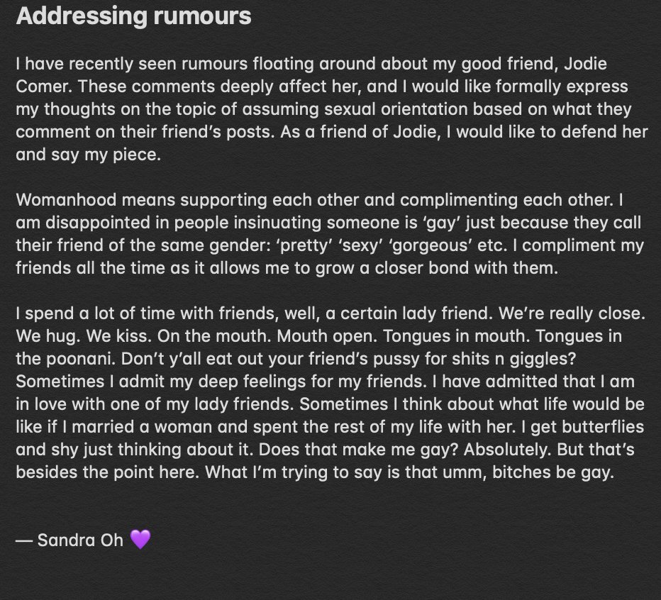 KillingEveNews_'s tweet photo. 🗒️BREAKING:
Sandra Oh has released a statement defending Jodie Comer in regards to the rumours of her being gay.

She has shared the following on her Instagram story: https://t.co/1nidcxgdil