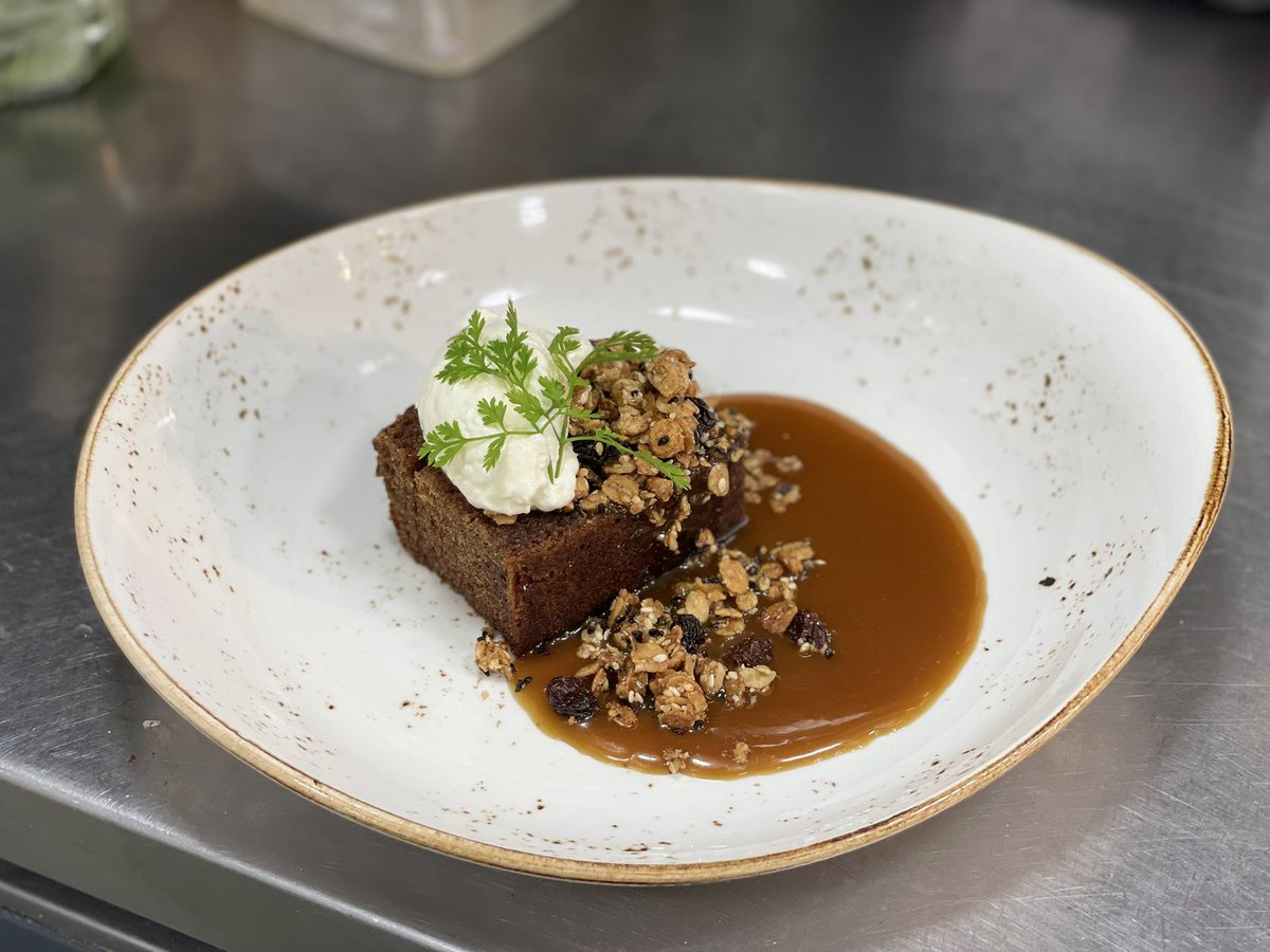 A classic, re-worked. Sticky toffee pudding, salted butterscotch sauce, barley and sesame granola, acidulated cream &amp; chervil. #gilbeys #oldamersham #pudding #dessert #chef #restaurant #amersham