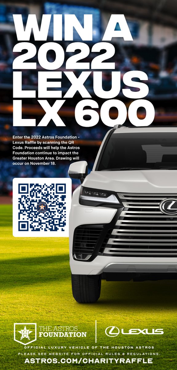 AstrosCares's tweet photo. Win a 2022 Lexus LX 600. Raffle tickets are 1 ticket for $40, 3 tickets for $100 and 8 tickets for $250, with all the proceeds benefiting the Astros Foundation. Purchase tickets until Nov. 18. Must be 18 years of age or older. To purchase tickets, visit: https://t.co/vsTeSTlGZm https://t.co/WQOurJ7sgW