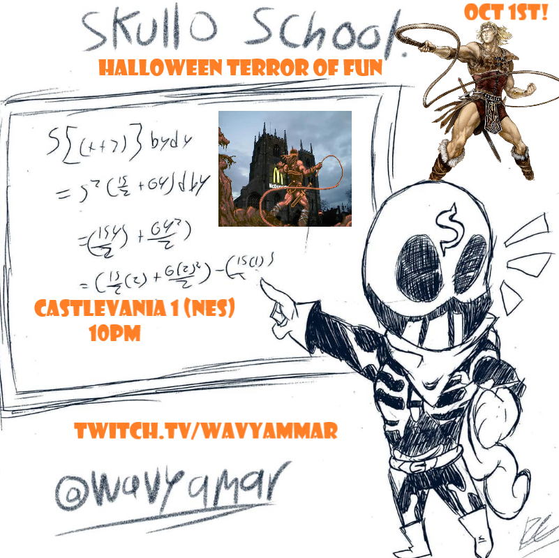 wavyamar's tweet photo. Were Excited For Halloween 🎃Season @ Skullo School! Our First Game Of The Season On Stream Will Be Castlevania 1 NES. I Will Reveal A Game Each Day https://t.co/pg3fufxawL #smallstreamer #twitch #beastudent! https://t.co/CUXKub4Wf9