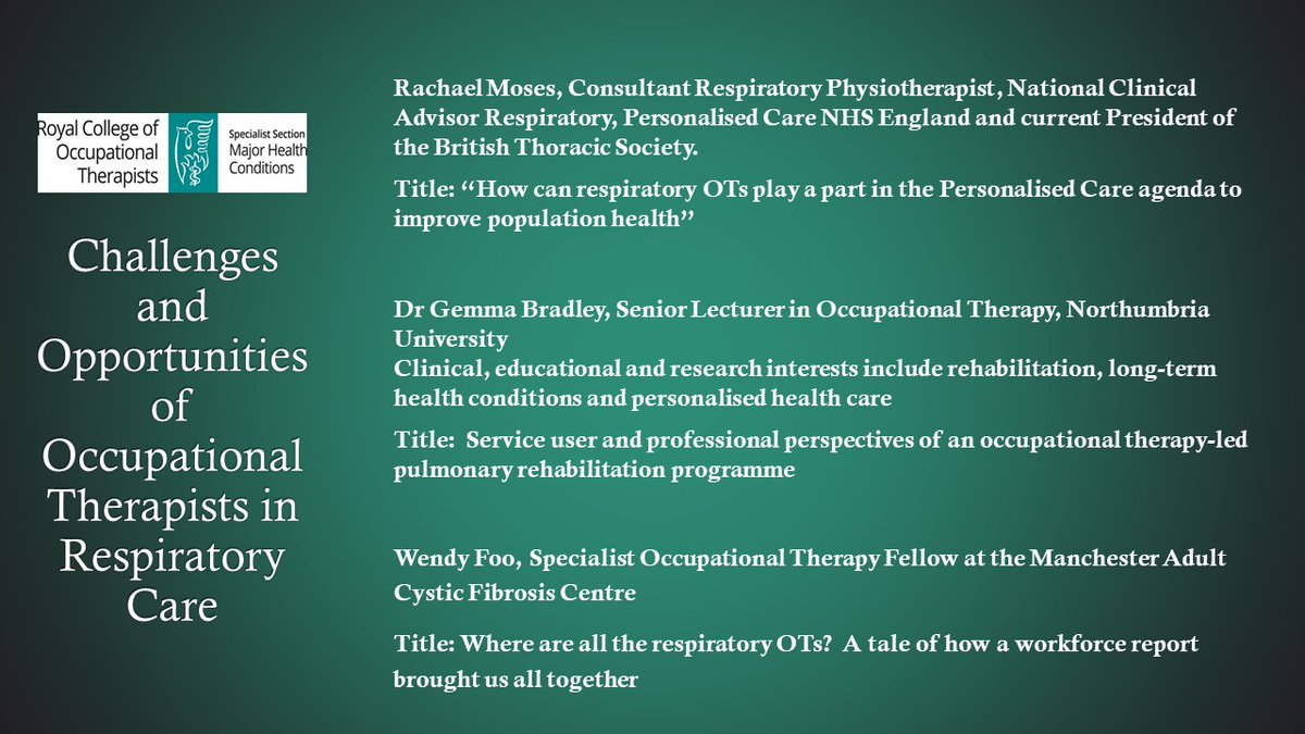 We are excited to host a webinar on the Opportunities and challenges for Occupational Therapist working in Respiratory Care on 2nd November! See the list of brilliant speakers we have and go to the RCOT website to join! rcot.co.uk/events/occupat…