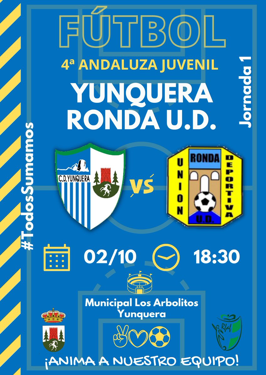 CDFYunquera's tweet photo. ⚽🌲 PARTIDOS DE LA SEMANA 🌲⚽

SÉNIOR
🆚 Vélez C.F.
📆 Domingo 02/10
⌚ 12:00 horas
🏟 Municipal Vivar Téllez (Vélez Málaga)

JUVENIL
🆚 Ronda U.D.
📆 Domingo 02/10
⌚ 18:30 horas
🏟 Municipal Los Arbolitos

#TodosSumamos #CDYunquera #haztesocio ⚽🌲✅ https://t.co/7mYolg8WdH