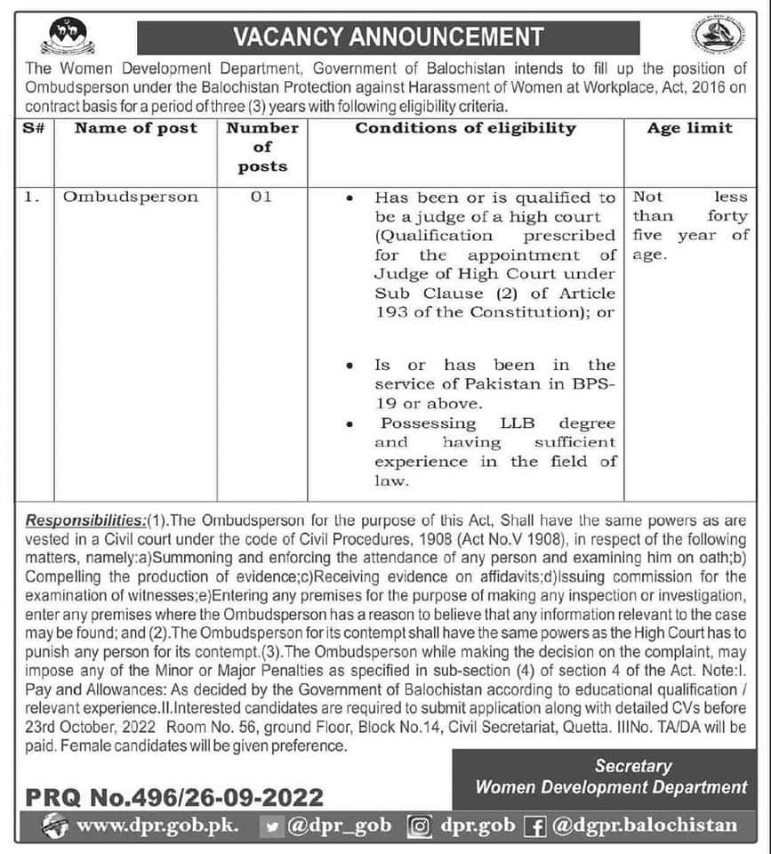 Advertisement for Appointment of Ombudsperson for Balochistan Protection against Harassment of women at workplace. Last date is 23rd october 2022