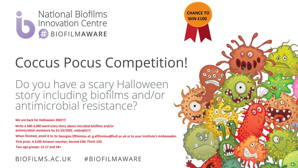 g_efthimiou's tweet photo. #CoccusPocus 2022 is now launched!!! 🎃🔬
Can you think of a scary story about #biofilm and/or #AMR? Deadline: 31/10/22. 1st prize: £100! Many thanks to @ukbiofilms for supporting our competition as part of their #BiofilmAware campaign!!!
@FacHealthHull @HullYorkMed @MicrobioSoc https://t.co/A04WmNhi3r