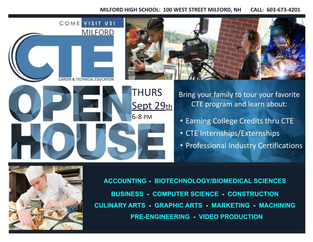 Sau40Schools's tweet photo. Come join us for CTE Tours tomorrow, September 29, 2022 (Thursday) from 6 to 8 pm.  And learn more about our amazing CTE programs! #cteprograms #milfordnh #careerandtechnology #wearesau40 https://t.co/9DRbjwHnlx