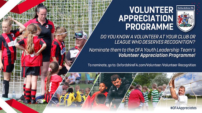OxfordshireFA's tweet photo. #OFAAPPRECIATES | @OFAYLT has relaunched their appreciation campaign focused on thanking and appreciating volunteers across the county! 🙌
Nominate a deserving volunteer at your club ⬇
https://t.co/JOkzXs9D2P https://t.co/0mYzEOUtwu