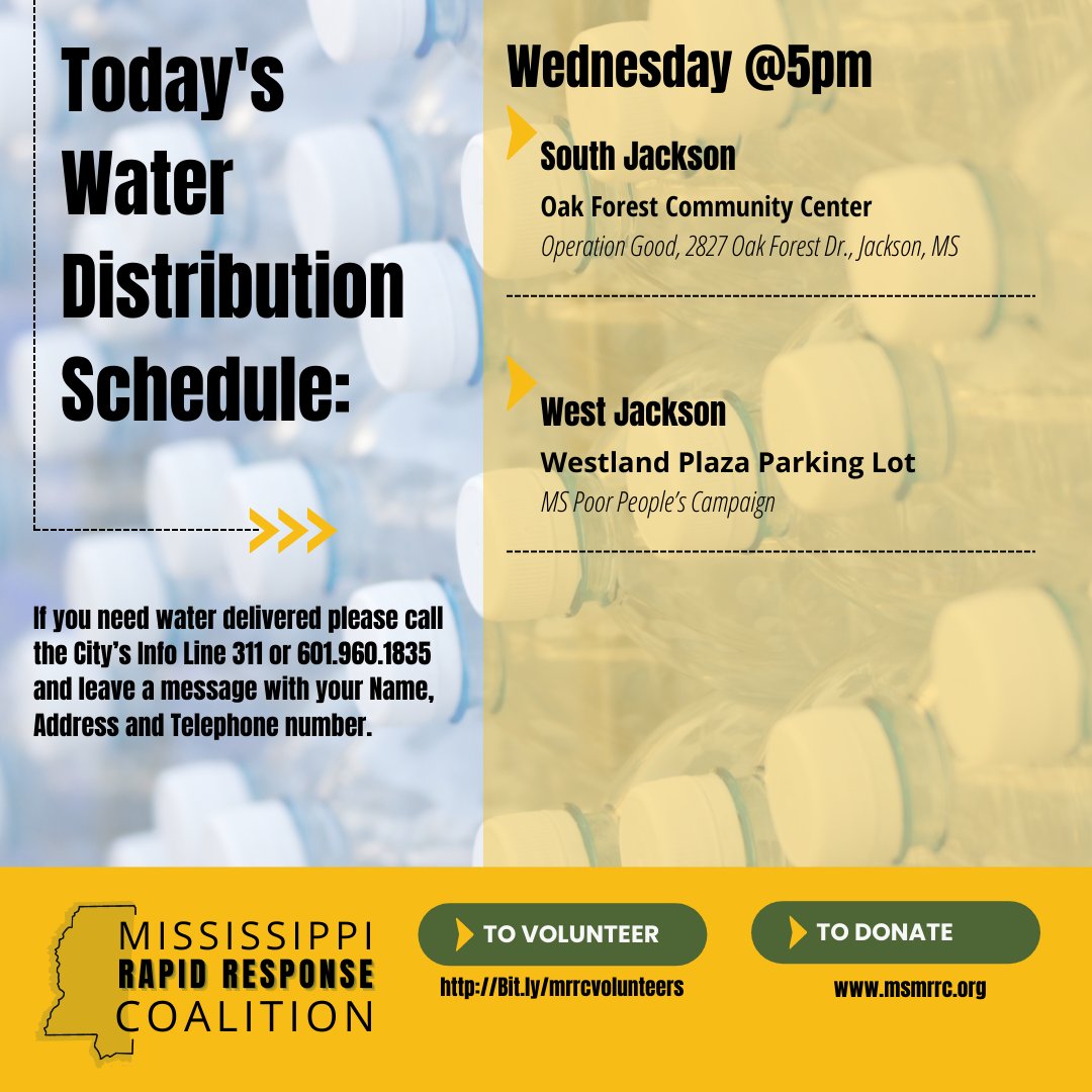 lumumbasvision's tweet photo. Here is today's MRRC water distribution schedule!

We will be distributing water at the Oak Forest Community Center and the Westland Plaza Parking Lot starting at 5 PM. https://t.co/yT08KLFf8Z