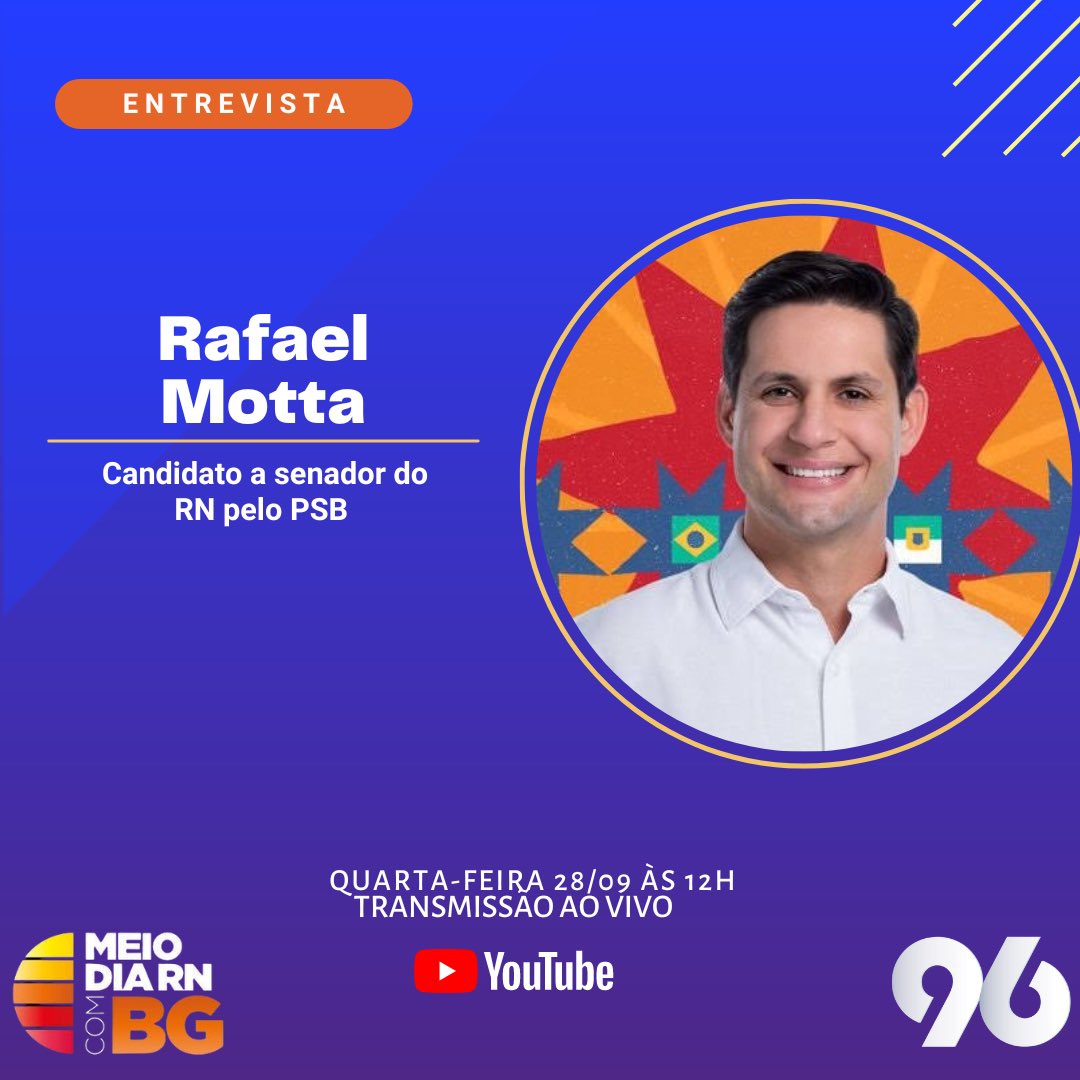 Entrevista de hoje será o Candidato a Senador, Rafael Motta do PSB. 

▶️ Participe do programa através do WhatsApp do Meio-Dia RN: +55 84 99212-2276. 

Acompanhe o Meio-Dia RN no canal da 96 FM no YouTube ▶️ youtube.com/96fmnatal
