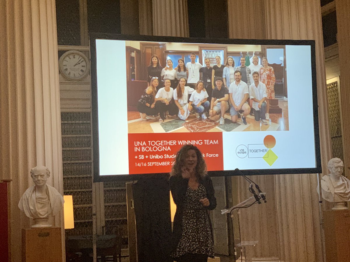 OficinaRI_UCM's tweet photo. Elena Consolini from @Unibo shares the enriching experience of hosting the visit of the winners of the last edition of #UnaTogether. This @Una_Europa program challenges Una Europa students to solve real problems our societies face. #WeareUnaEuropa https://t.co/sdjehjPMdC