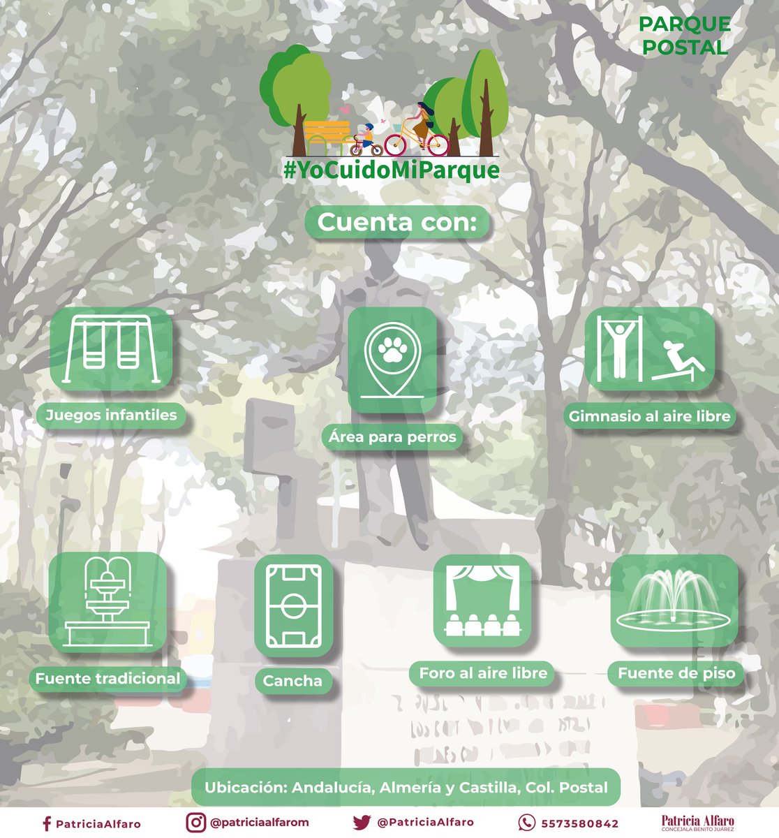 PatriciaAlfaro's tweet photo. El #ParquePostal tienen un monumento que rinde homenaje a los carteros y empleados postales. Además, cuenta con dos fuentes, área para mascotas y juegos infantiles.
#YoCuidoMiParque https://t.co/4UI7VGnSD6