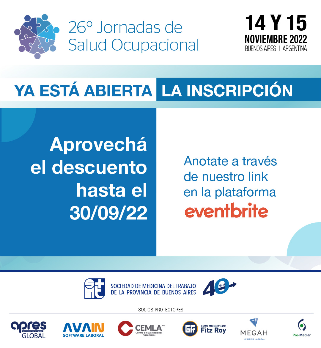 [AGENDA SMTBA]

¡Últimos días con descuento!

Inscripciones en eventbrite.com.ar/e/26-jornadas-…

¡Te esperamos!

El Equipo de la SMTBA

#26JSO #SaludOcupacional #Networking #HotelScala #SMTBA #medicodeltrabajo #medicadeltrabajo #medicinalaboral