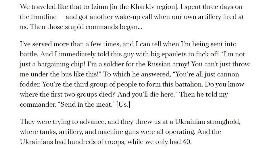 “'You’re all just cannon fodder. You’re the third group of people to form this battalion. Do you know where the first two groups died? And you’ll die here.' Then he told my commander, 'Send in the meat.' [Us.]' From @yapparova_lilya meduza.io/en/feature/202…