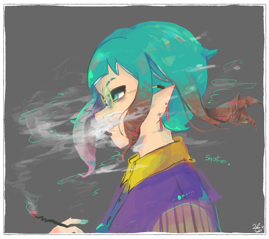 solo 1girl smoke earrings jewelry smoking tentacle hair  illustration images