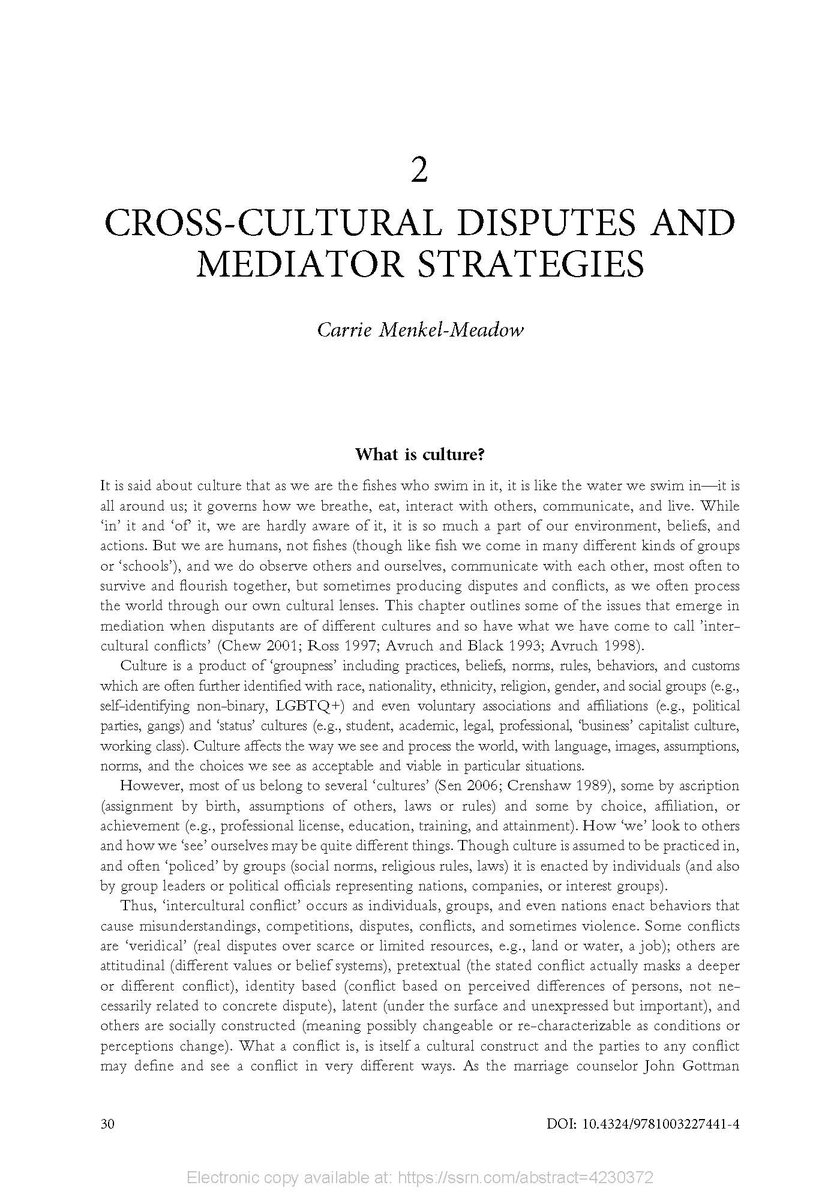AustenParrish's tweet photo. Faculty news: Prof. @CMenkelMeadow's latest work is on @SSRN "Cross-cultural disputes and mediator strategies" from Chapter 2 of The Routledge Handbook of Intercultural Mediation. Worth a download: https://t.co/JDGlvzE6Kf. Book here: https://t.co/032iEyQswC https://t.co/4DcPHuXHy1