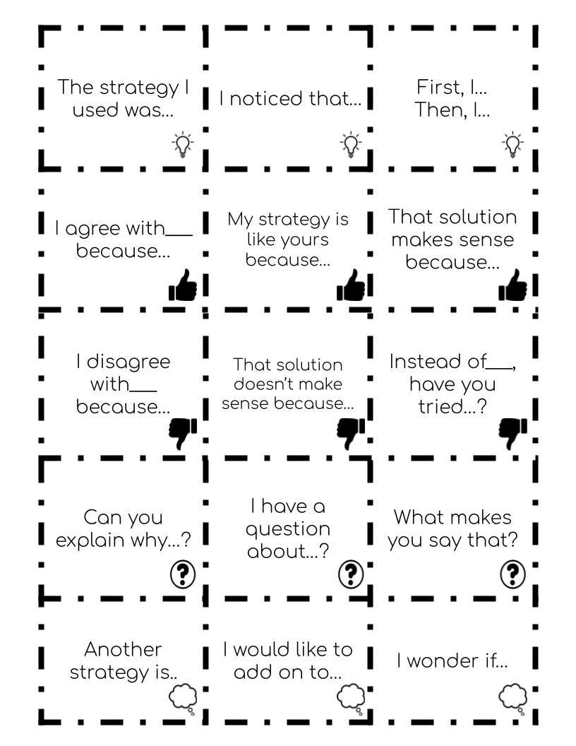 MrsBrooksPUSD's tweet photo. Math talk idea 💡 Give students 5-6 chips. When a student wants to speak, they “spend” a chip &amp; place it on the sentence starter. When they no longer have chips, they wait to speak until all other students have used theirs!💬❤ #structureddiscourse #talkingchips  #smallgroups https://t.co/4Qauy20SRn