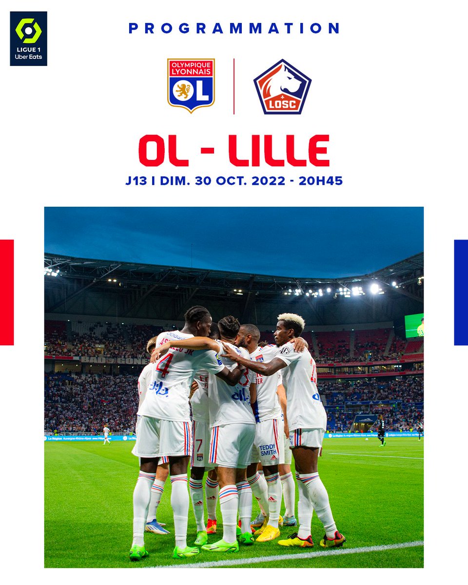 OL's tweet photo. #Programmation 📆 #OLLOSC

Nous recevrons le @losclive au @GroupamaStadium le dimanche 30 octobre à 20h45, pour le compte de la 13ème journée de @Ligue1UberEats ! 🔴🔵

📺 La rencontre sera diffusée sur @PVSportFR. https://t.co/qBnGEOb5dL