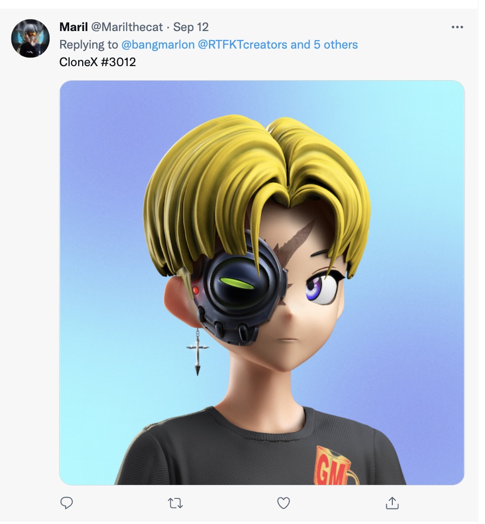 bangmarlon's tweet photo. @elmaaelmoo @HondroRTFKT @TheNiqueJordan @RTFKTcreators @ycxcRTFKT @cas3333333 And congrats to @Marilthecat for winning the guessing game! A double sword NFT and 3D files for your #CloneX coming soon! โ๏ธ
#NDPStudiosCustom https://t.co/G84ah9vvTn