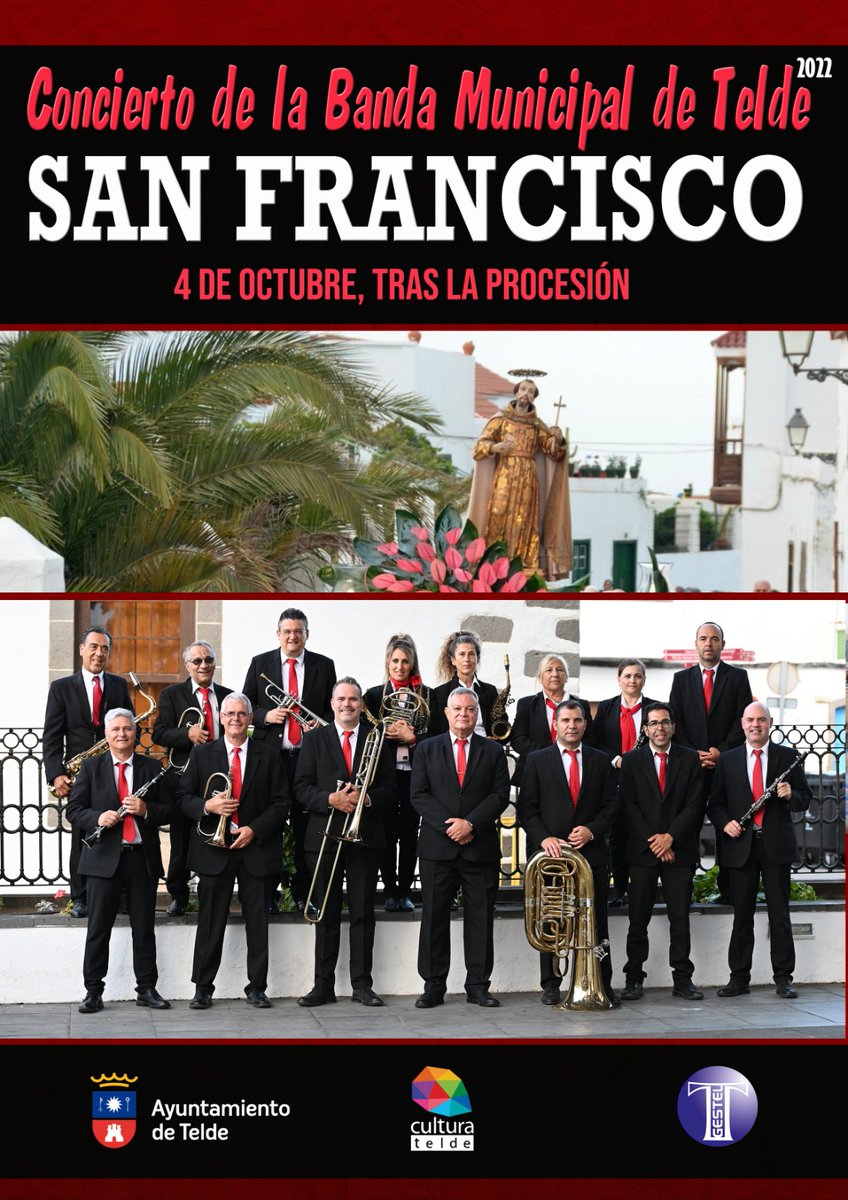 TeldeCultura's tweet photo. 🎶Concierto de la Banda Municipal de Música de Telde 🎶

🗓️ 4 de octubre de 2022
📍Plaza de San Francisco, tras la procesión. https://t.co/OtAvkpLged