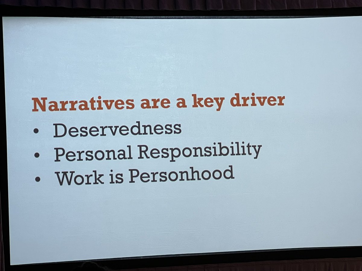 <a href="/AnnePriceICCED/">Anne Price</a> bringing it home: what narratives drive our policies?

Narratives of personal responsibility drive our programs/policies. This narrative is wrapped up with a narrative around who deserves to be treated with dignity? To be paid a living wage?

#SHIFTWorkforce