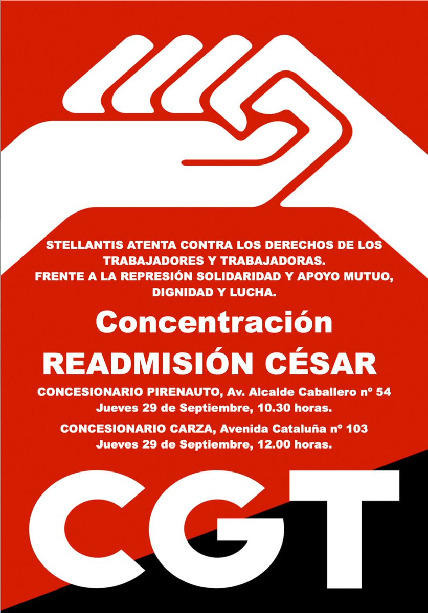 #Opelgse despide al Secretario General de @CGT Aragón #CesarReadmisión Jueves 29 volvemos a la calle