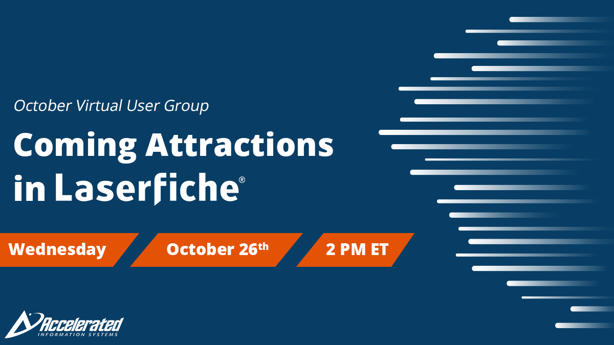 AISWW's tweet photo. Learn about the new features for @laserfiche Cloud releasing in Q4, plus get a recap of what was new in Q3 during our October #VirtualUserGroup, Coming Attractions in Laserfiche. Register Now: https://t.co/PtcEsG7t3o https://t.co/TEobAlENrM