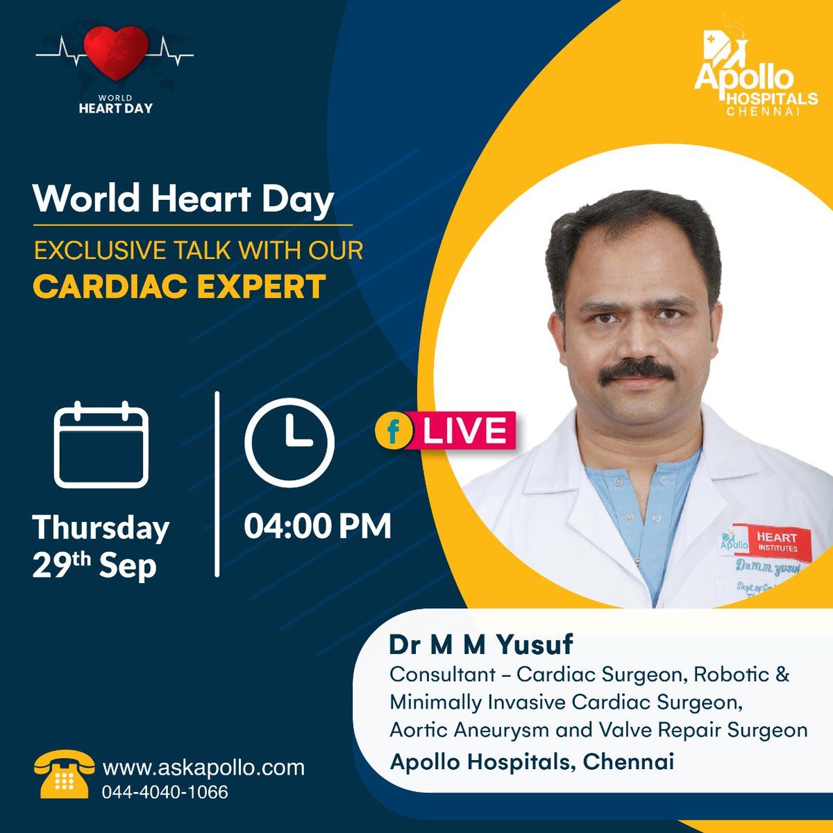 Apollo_Chennai's tweet photo. This World Heart Day, join us for an exclusive talk with Dr M M Yusuf, Consultant - Cardiac Surgeon, Robotic and Minimally Invasive Cardiac Surgeon, Aortic Aneurysm and Valve Repair Surgeon, Apollo Hospitals, Chennai.
#WorldHeartDay #FbLiveDiscussion #Fblive #ApolloForYou https://t.co/vuw63bnO9a