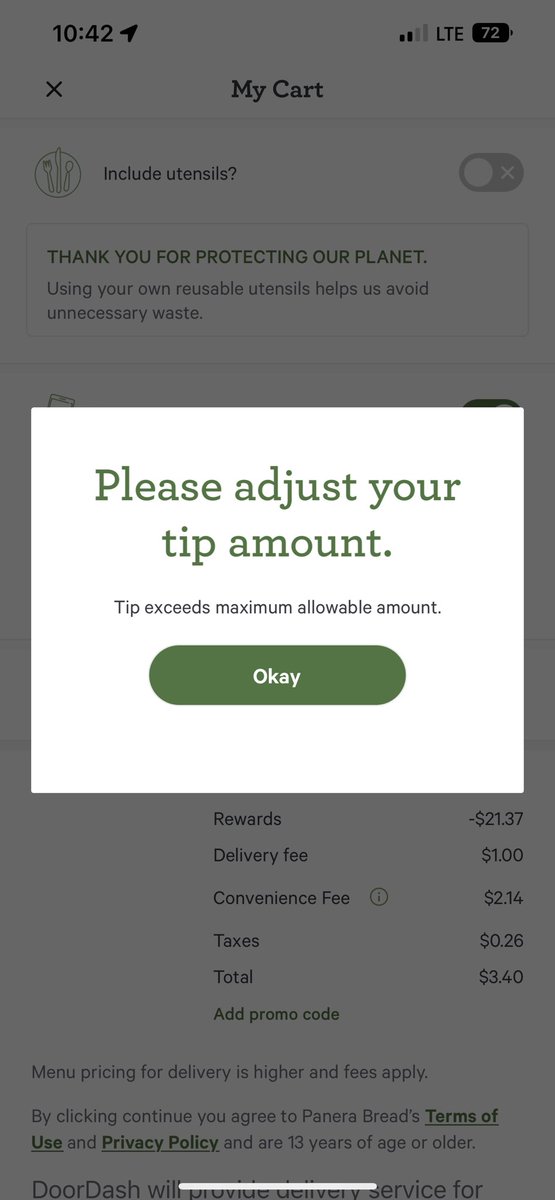 cmdrmaxwell's tweet photo. @panerabread your app is worthless. I continue to give you the benefit of the doubt and you fail miserably every time. No choice of tip seems to let me go on and pay. Fine, don’t take my money. https://t.co/sDAswDbAl2