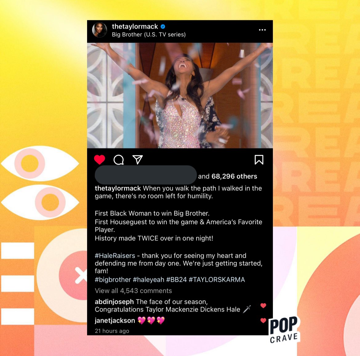 PopCrave's tweet photo. Janet Jackson shows love to Taylor Hale following her historic #BB24 win. https://t.co/0kpCXOXWIa