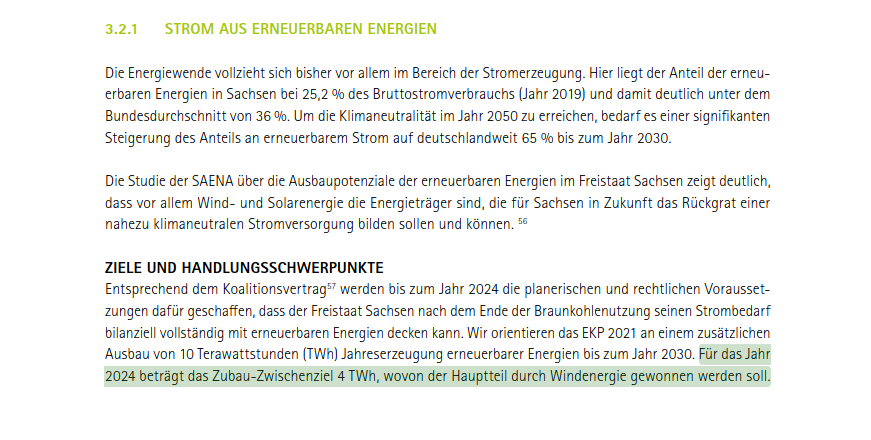 In Leipzig findet heute &amp; morgen das Ostdeutsche Energieforum #OEF22 statt. Da ich hierbei wieder sinnlos provozierende Hot Takes unseres MPs erwarte, möchte ich noch mal auf die Verantwortung der Sächsischen Regierung hinweisen. Es geht um 4 TWh Zubau bei EE bis Ende 2024. 👇