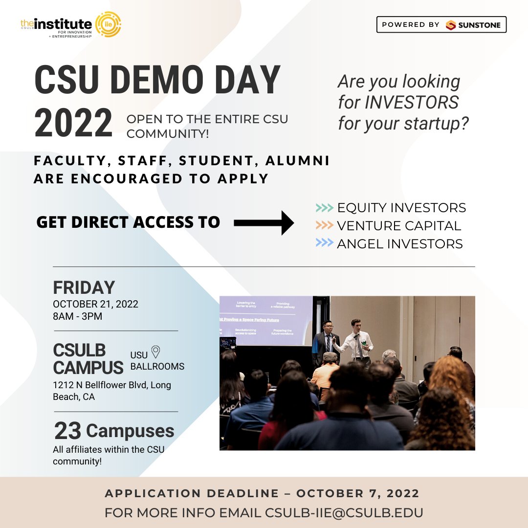 If you belong to the CSU community (current student, faculty, staff, alum) and have a startup business, don't miss out on this opportunity! CSU Demo Day will allow you to pitch your business directly to investors. For more info: bit.ly/csu-demo-day

#csuentrepreneurs