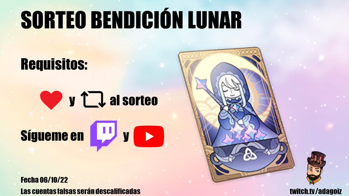 adagoiz's tweet image. ¡FELIZ ANIVERSARIO #Genshinlmpact!  

💫Sorteo de una bendición lunar 💫

1⃣ Comparte la publicación:❤️y 🔃 al sorteo
2⃣ Sígueme en twitch.tv/adagoiz y youtube.com/channel/UCLk52…

Opcional: Sígueme en Twitter para tener la suerte del barbudo y no perderte nada. #Sumeru