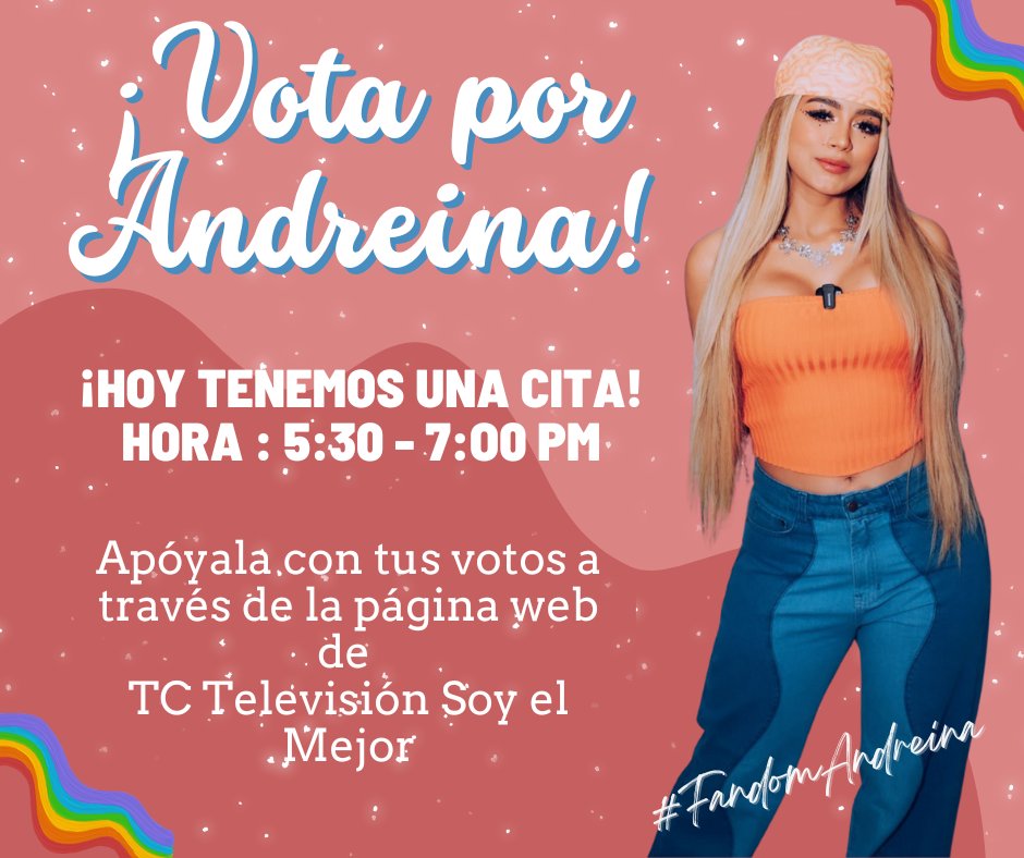 FandomAndreina's tweet photo. ¡TENEMOS UNA CITA! 
Hoy a partir de las 5:30pm, todos listos para votar por Andreina 💃💃💃

Vamos por esos 10 000 votos otra vez🤭💜💙💛
#FandomAndreina https://t.co/AYgL0IV1dv