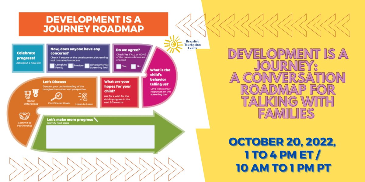 BTCTouchpoints's tweet image. Our Development is a Journey Workshop is back on Thursday, Oct. 20! Learn strategies to have collaborative conversations with #families about #developmentalscreening results. Don't miss  this 3-hour virtual workshop! Register today buff.ly/3REyyXk