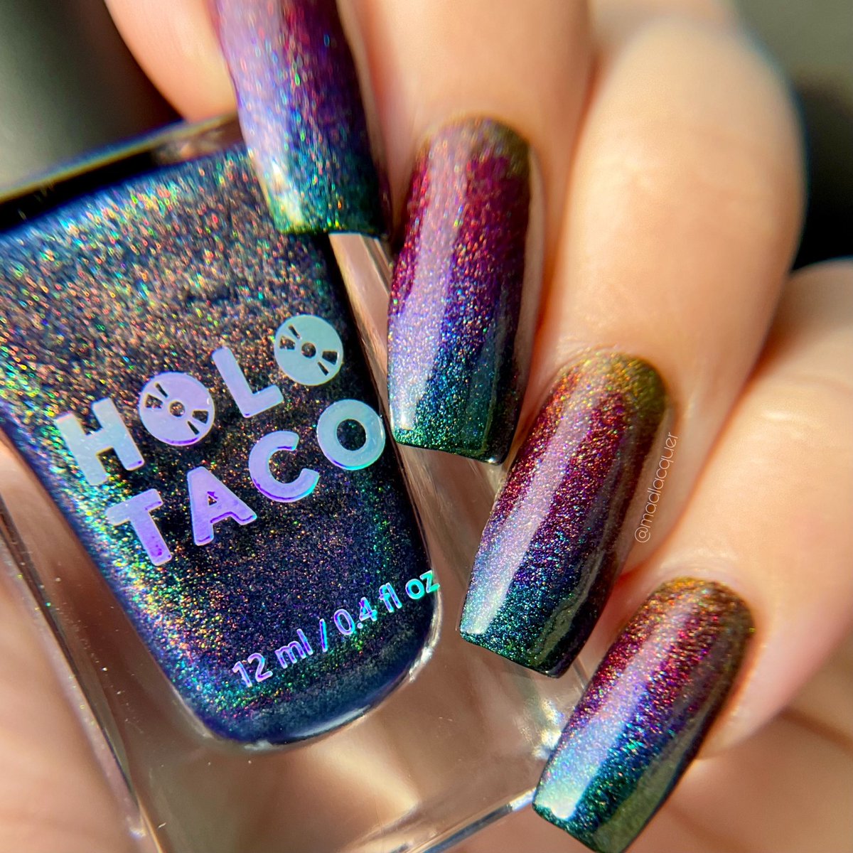 madlacquer's tweet photo. Of course I had to try ✨the✨ gradient with @holotaco’s new Dark Rainbow Collection! 🌈🖤
@nailogical #holotaco https://t.co/6eNxbnJidc